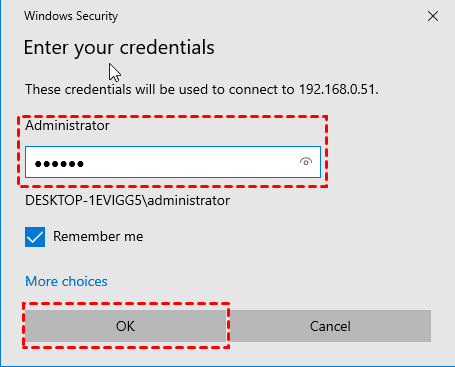 enter the corresponding password of the remote computer