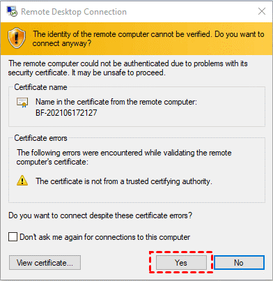 click Yes to successfully establish a remote connection