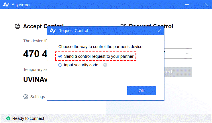 Select Send a control request to your partner from the pop-up box and click OK