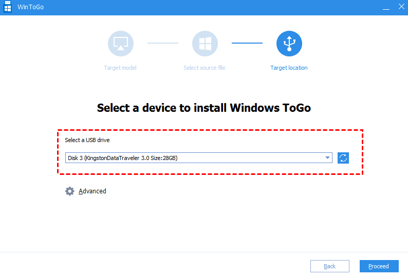 Select a USB drive as target and click “Proceed”