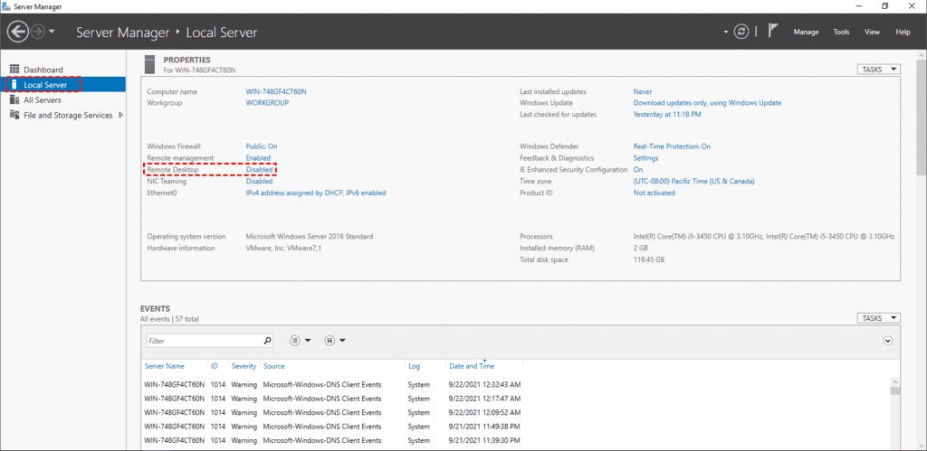 Enable RDP on Windows Server 2016 via the Graphical User Interface