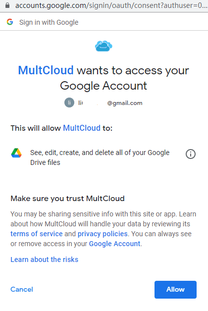 authorize Multcloud to access/manage files