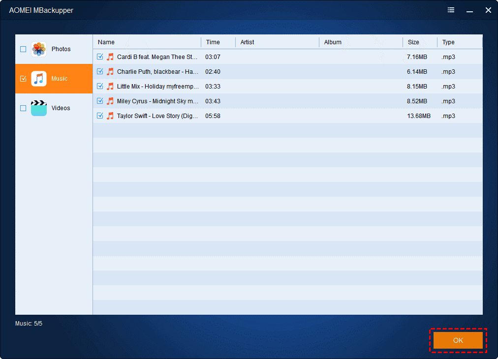  Select the songs you want to transfer