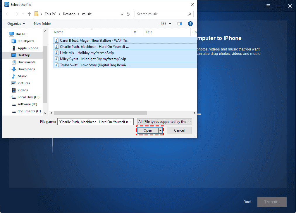 Choose Transfer to iPhone option in the Tools bar
