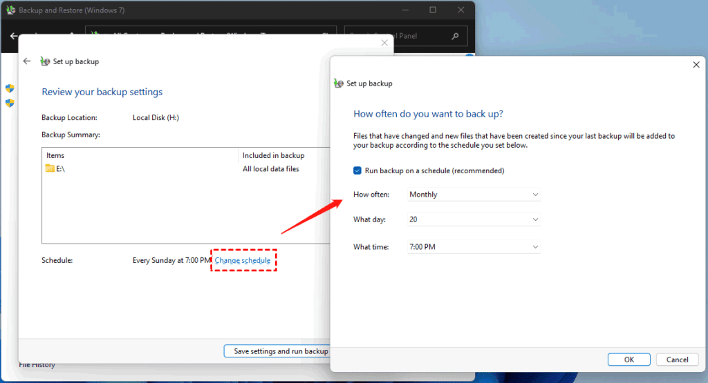 review the items you want to backup and schedule settings