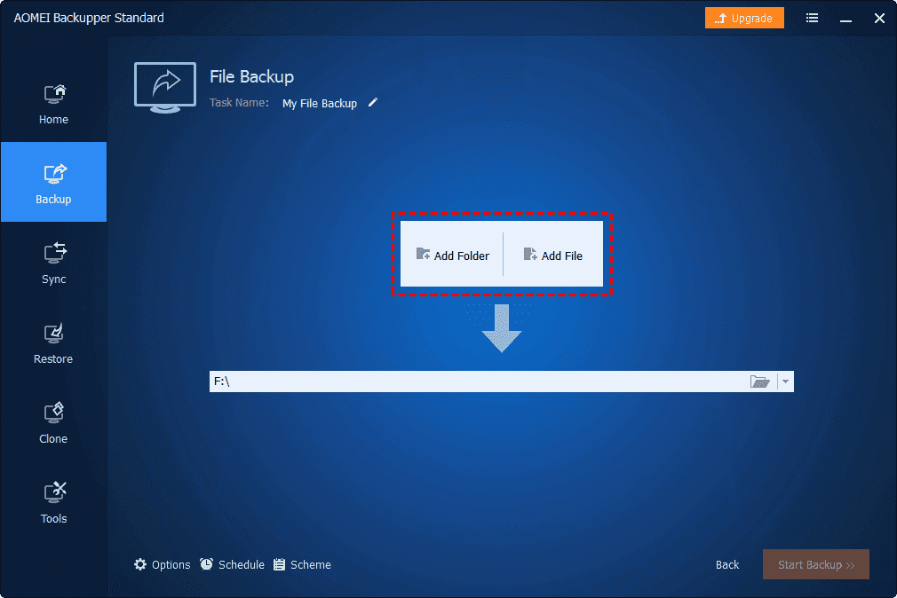 click Add File or Add Folder to select the files or folders to be backed up