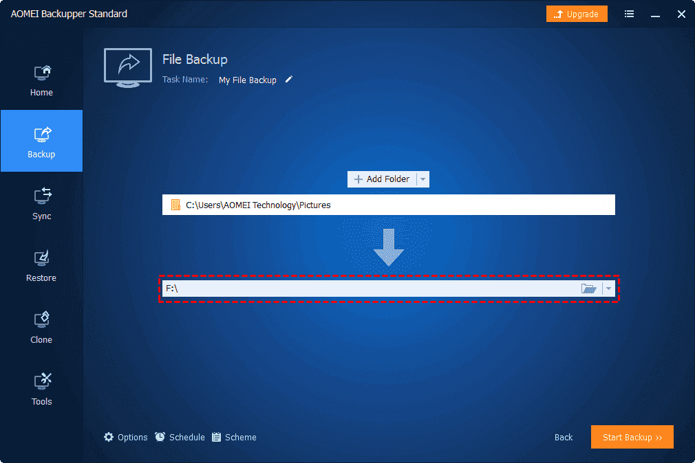 Click the marked box and choose external hard drive