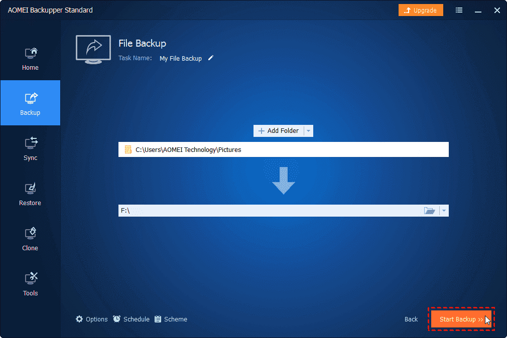 click “Start Backup” to perform the file backup task