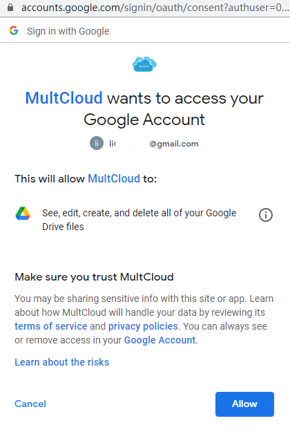 authorize Multcloud to access/manage files