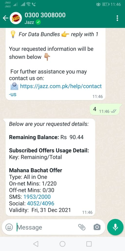 Check Jazz balance by WhatsApp
